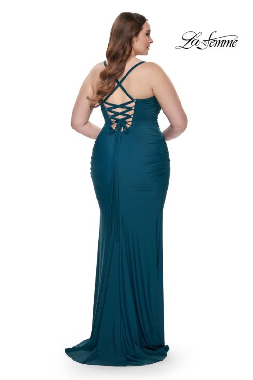 La Femme 32195 Straight Neckline Lace-Up Back Plus Size Dress