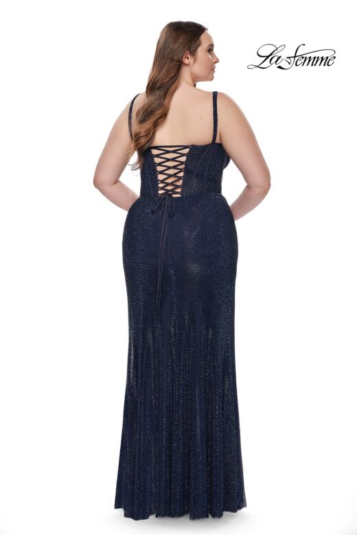 La Femme 32243 Rhinestone Fishnet Corset-Style Bodice Plus Size Dress