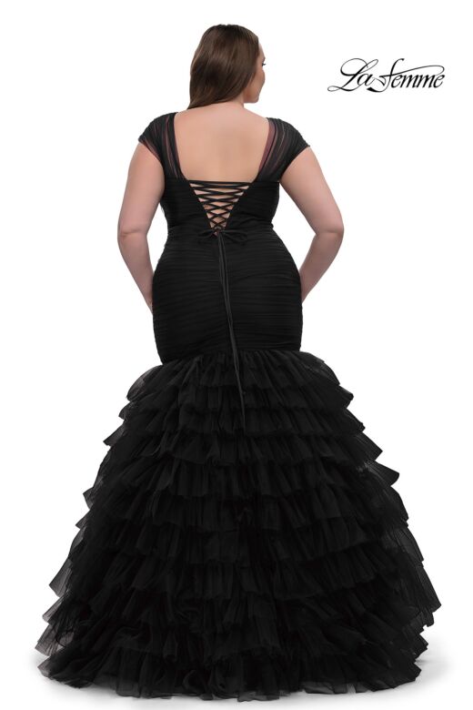 La Femme 32389 Cap Sleeve Illusion V-Neck Plus Size Dress