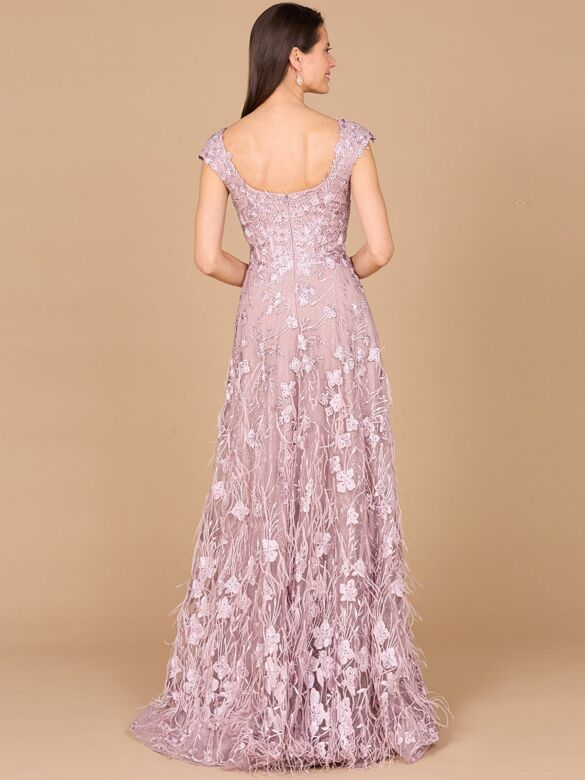 Lara 28986 Feather Skirt Cap Sleeve Embroidered Dress