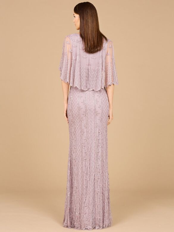 Lara 29023 Cape Sleeves Embroidered V-Neck Dress