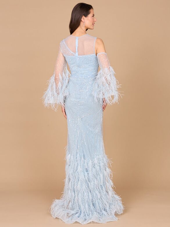 Lara 29041 Bell Sleeves Sparkly Feather Dress