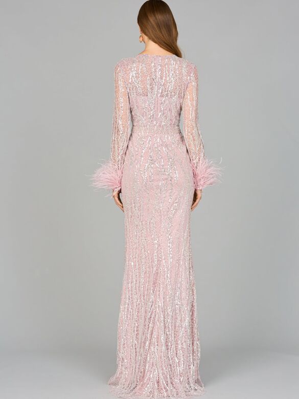 Lara 29049 Feather Cuffs Sheer Neckline Lace Dress