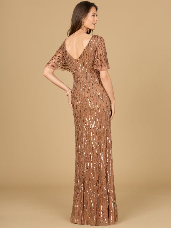 Lara 29074 Flutter Sleeves V-Neck Embellished Dress