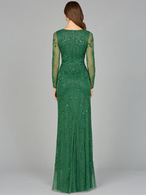 Lara 29078 Illusion Sleeves V-Neck Embellished Dress
