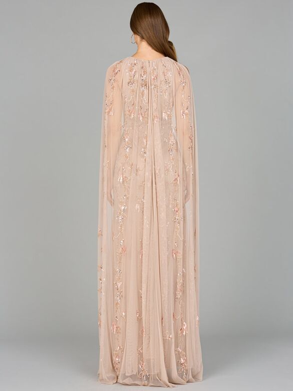 Lara 29086 Long Cape Jewel Neckline Dress