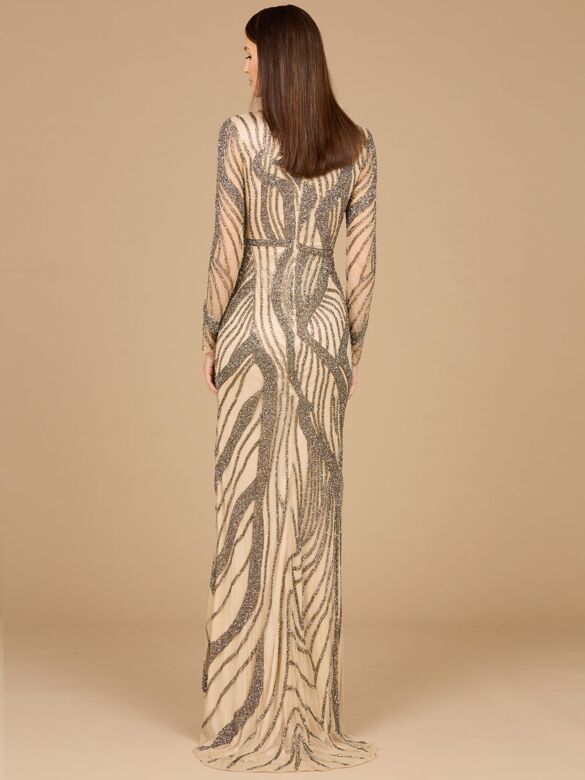 Lara 29165 High Slit Court Neckline Glitter Dress