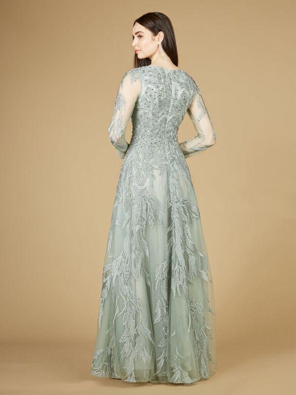 Lara 29209 Illusion Sleeves V-Neck Embroidered Dress