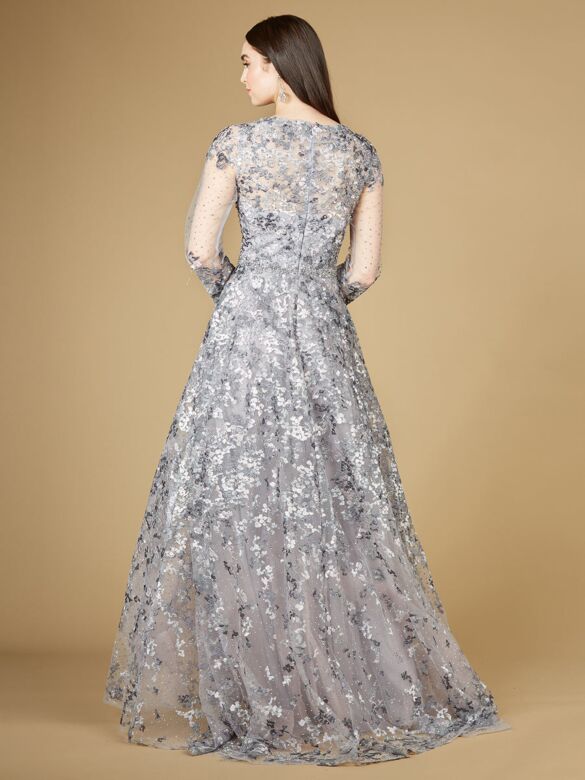 Lara 29239 Illusion Sleeves V-Neck Embroidered Dress