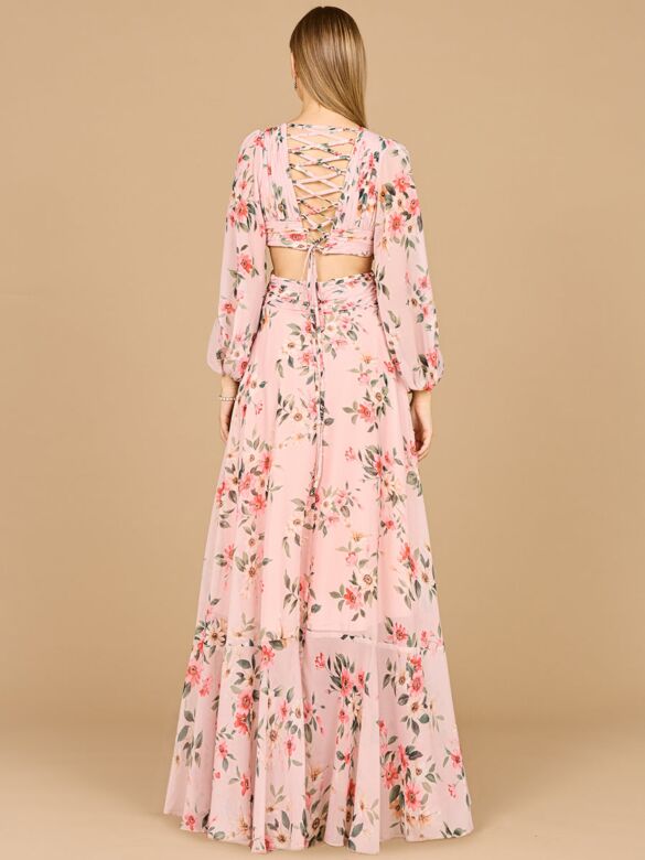 Lara 29245 Bishop Sleeves Lace-Up Floral Dress
