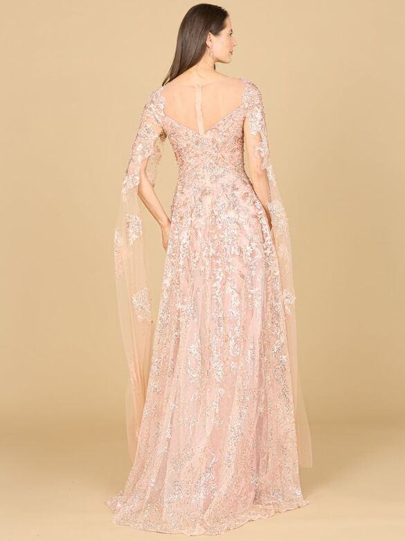 Lara 29300 Floor-Length Sleeves Sheer Neckline Dress