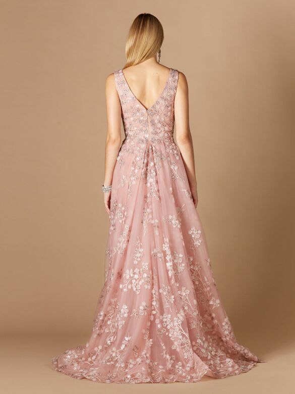 Lara 29324 Long Overskirt Plunging Neck Floral Dress