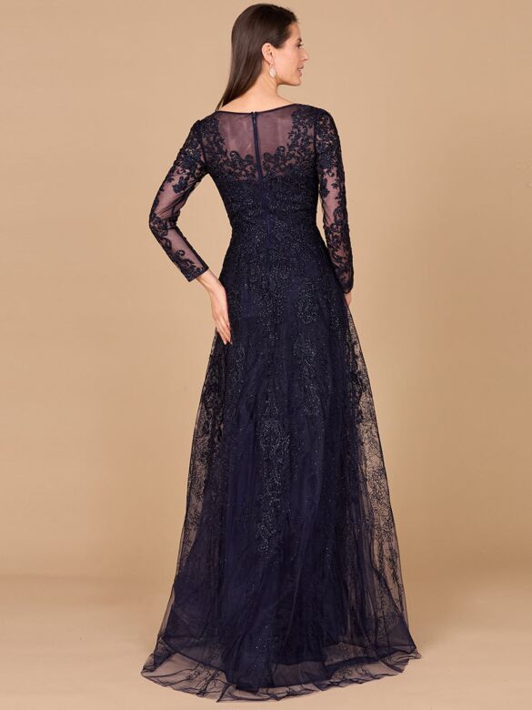 Lara 29326 Long Sleeve V-Neck Shimmer Lace Dress