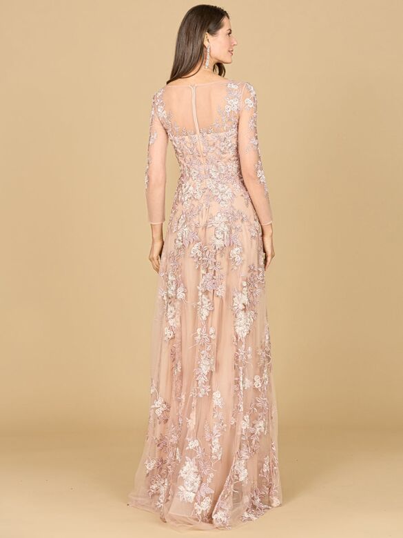 Lara 29327 Bateau Neckline Long Sleeve Floral Dress