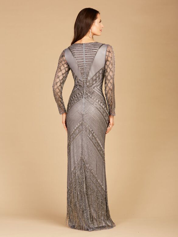 Lara 29364 Fringe Hem Illusion Sleeve V-Neck Dress