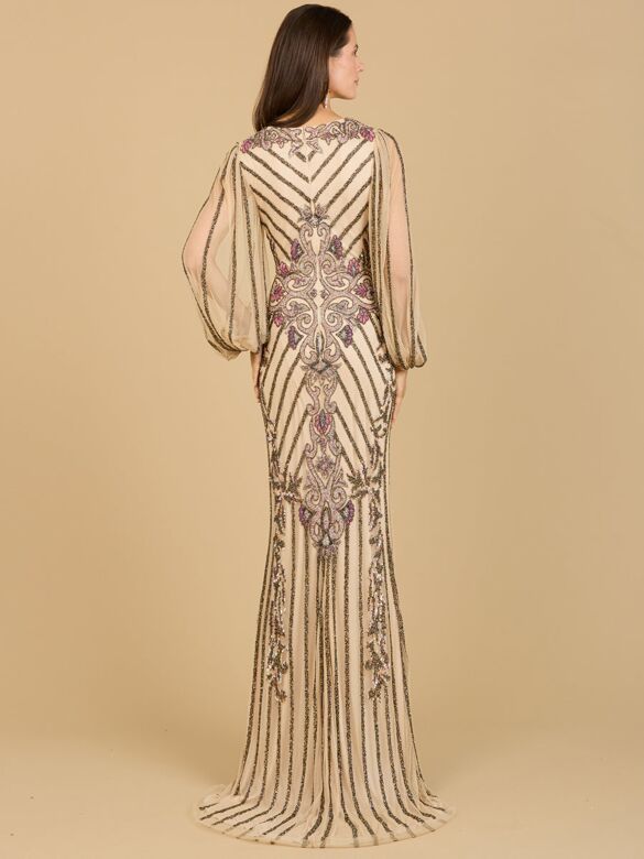Lara 29369 Bishop Sleeves V-Neck Embellished Dress