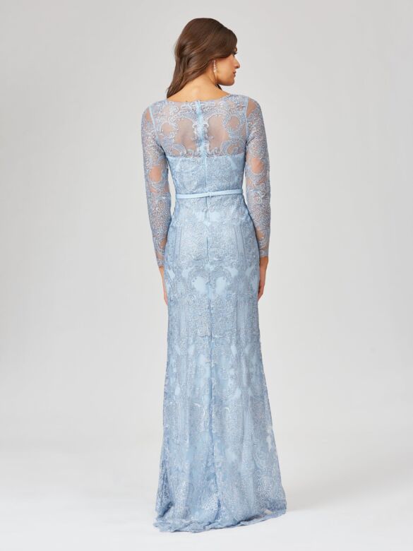 Lara 29466 Illusion Sleeve V-Neck Beaded Lace Dress