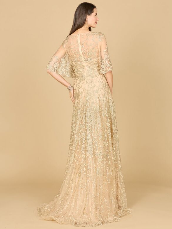 Lara 33277 Butterfly Sleeves Illusion Neckline Lace Dress