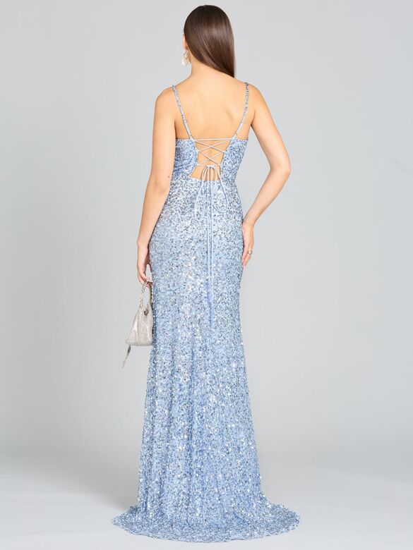 Lara 29310 Lace-Up Back V-Neck Sequin Dress