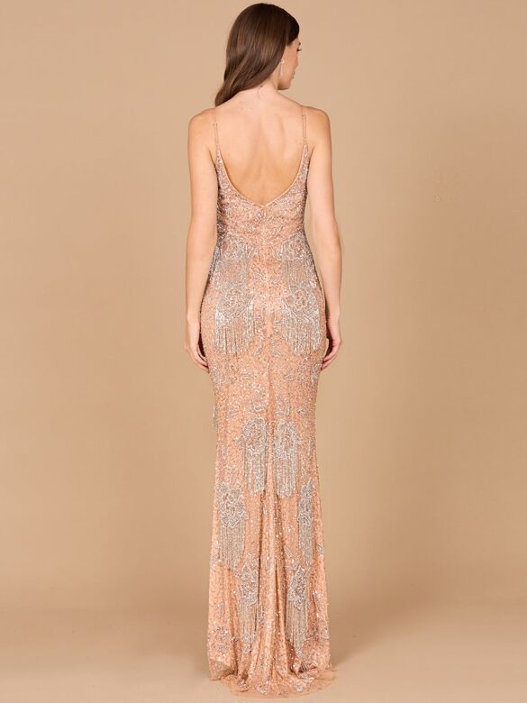 Lara 29892 Plunging Neckline Beaded Fringe Dress