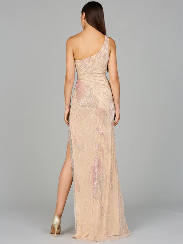 Lara 9948 Fringe Slit One Shoulder Dress