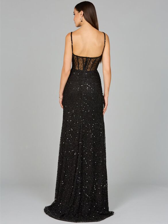 Lara 9960 Illusion Top High Slit Dress