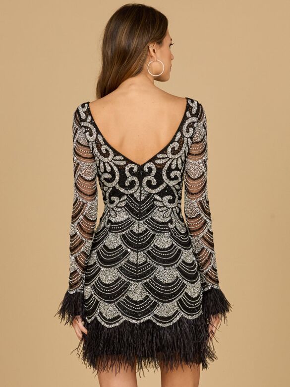 Lara 29066 Sheer Neckline Embellished Feather Dress