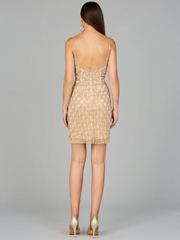 Lara 29068 Fringe Skirt Scoop Back Dress