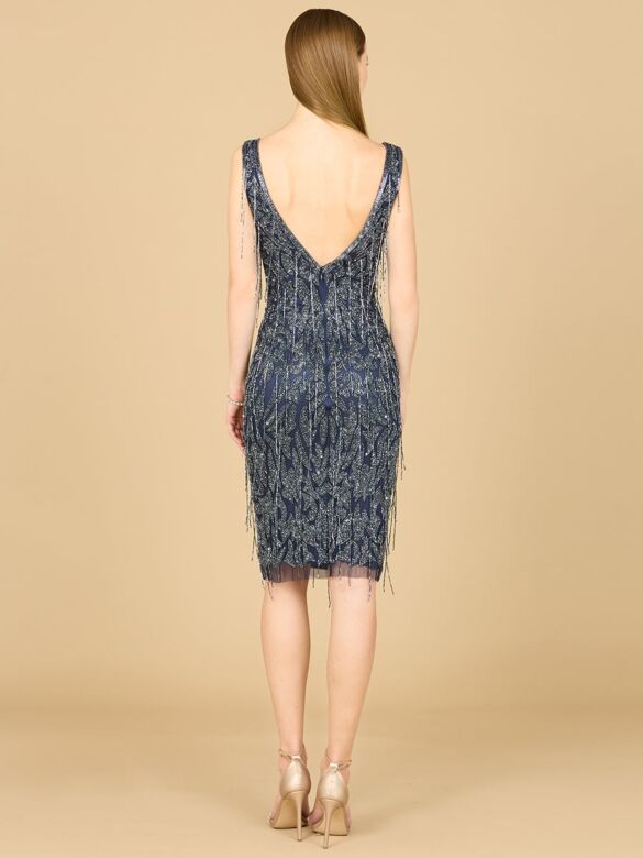 Lara 29216 Bare Back V-Neck Fringe Dress