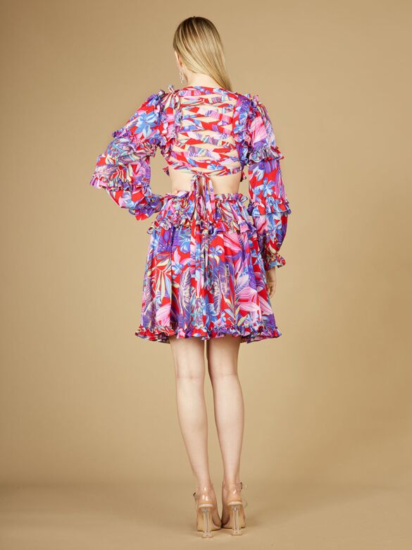 Lara 29269 Lace-Up Back Floral Ruffle Dress