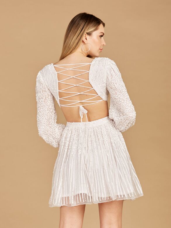 Lara 29288 Bishop Sleeves Lace-Up Sequin Dress