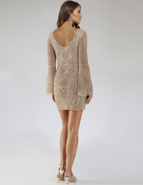 Lara 29608 Bell Sleeves V-Neck Embellished Dress