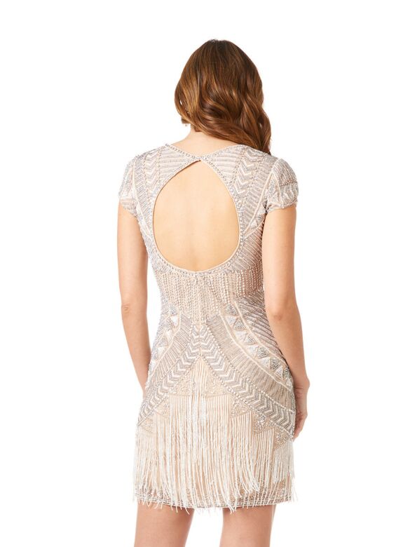 Lara 29889 Cutout Back Beaded Fringe Short Wedding Dress