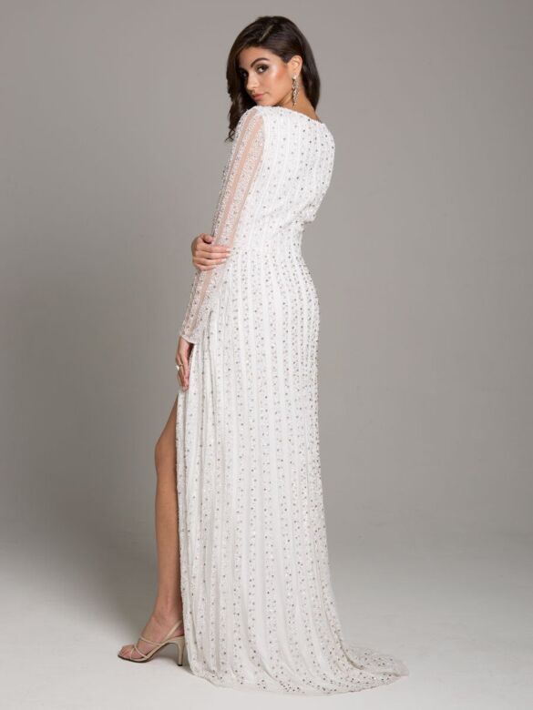 Lara 51007 Illusion Sleeves Plunging Neck Wedding Dress