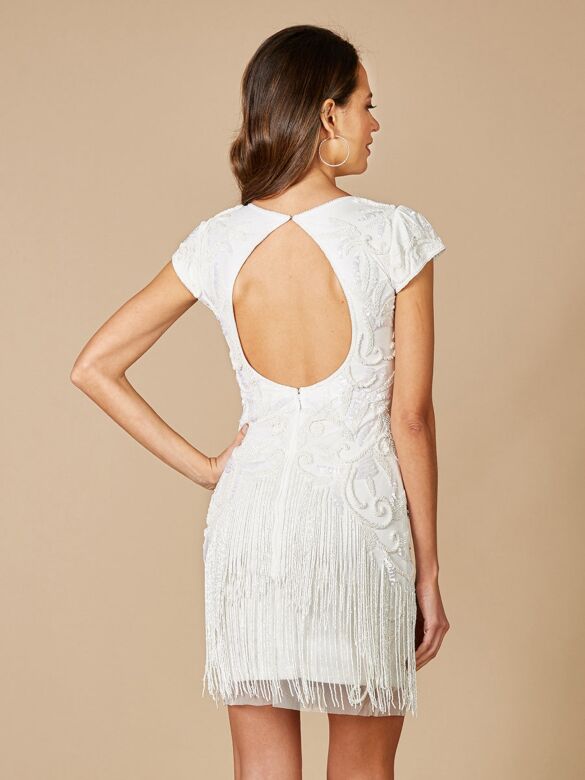 Lara 51053 Fringe Skirt Cap Sleeve Short Bridal Dress