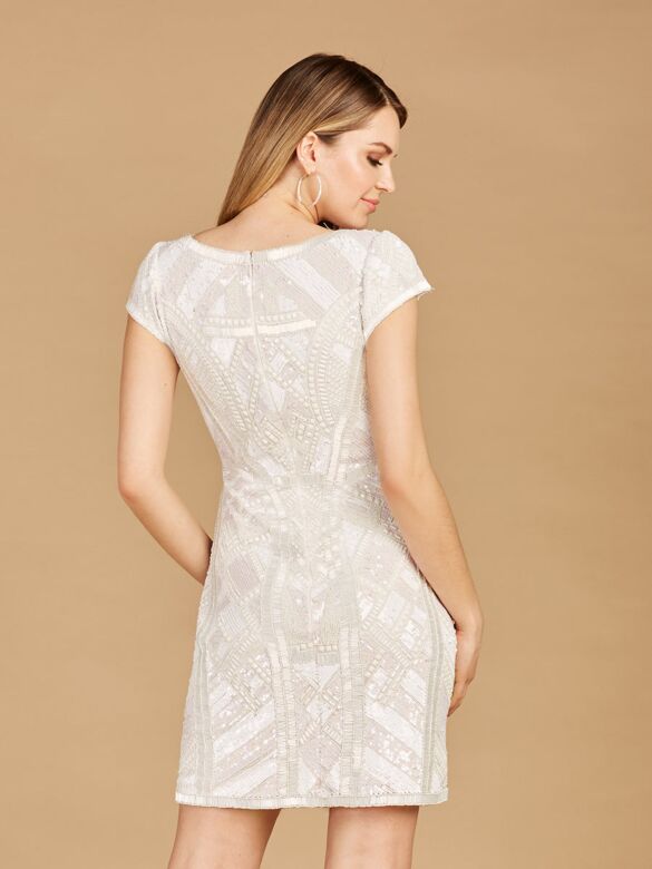 Lara 51115 Cap Sleeve Geometric Short Wedding Dress