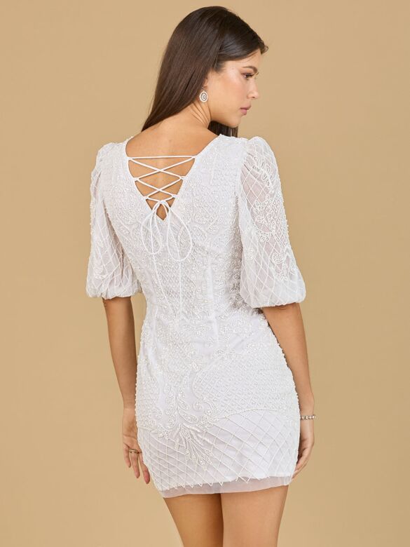 Lara 51118 Puff Sleeves Lace-Up Short Wedding Dress