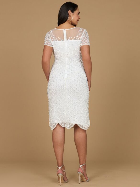 Lara 51188 Scalloped Hem Illusion Neckline Short Wedding Dress