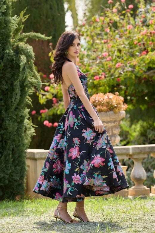 Mac Duggal 13297 A-Line Halter Neck Black Floral Dress