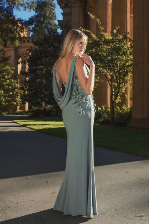 Mac Duggal 11910 Cowl Neck Beaded Floral Applique Dress