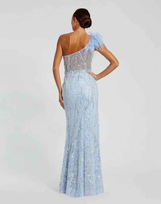 Mac Duggal 20887 Feather Shoulder Asymmetric Neck Dress