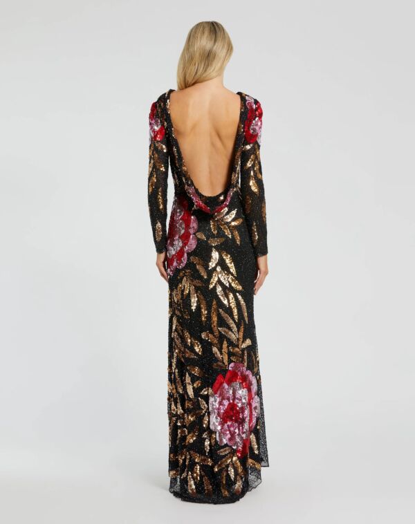 Mac Duggal 4566 Cowl Back Long Sleeve Floral Sequin Dress