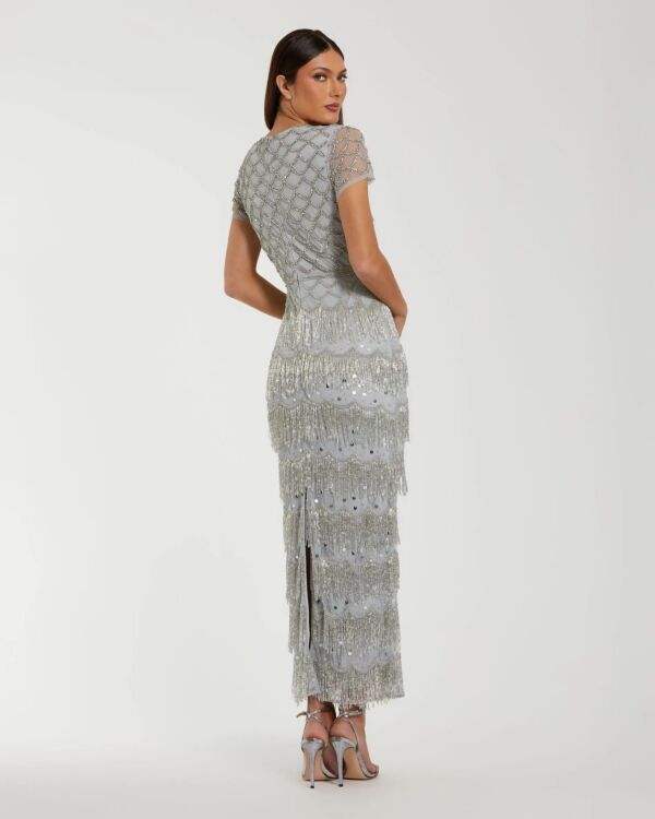 Mac Duggal 94077 Fringe Skirt Sheer Sleeve Dress