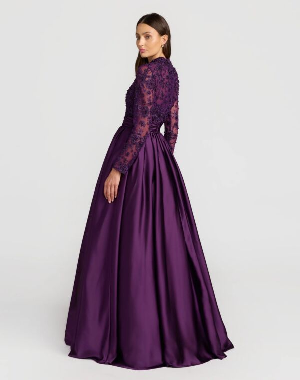 Mac Duggal 21189 Long Lace Sleeve Satin Skirt Dress