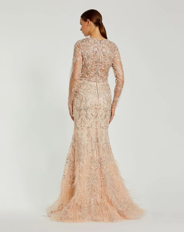Mac Duggal 79267 Feather Skirt Illusion Sleeve Trumpet Dress