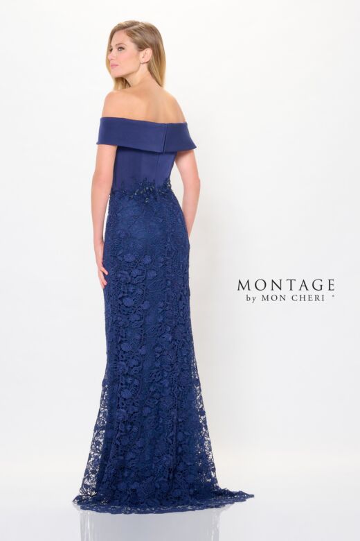 Montage by Mon Cheri M907 Lace Skirt Asymmetric Neck Dress