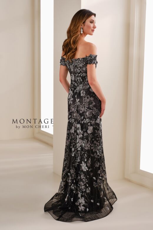 Montage by Mon Cheri M3112 Off-The-Shoulder Floral Applique Dress