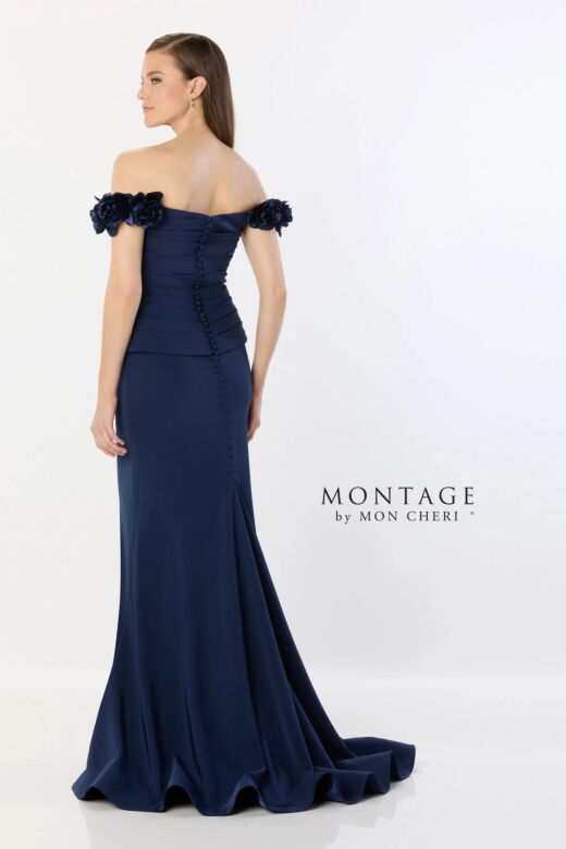 Montage by Mon Cheri M2242 Appliqued Strap Pleated Top Dress