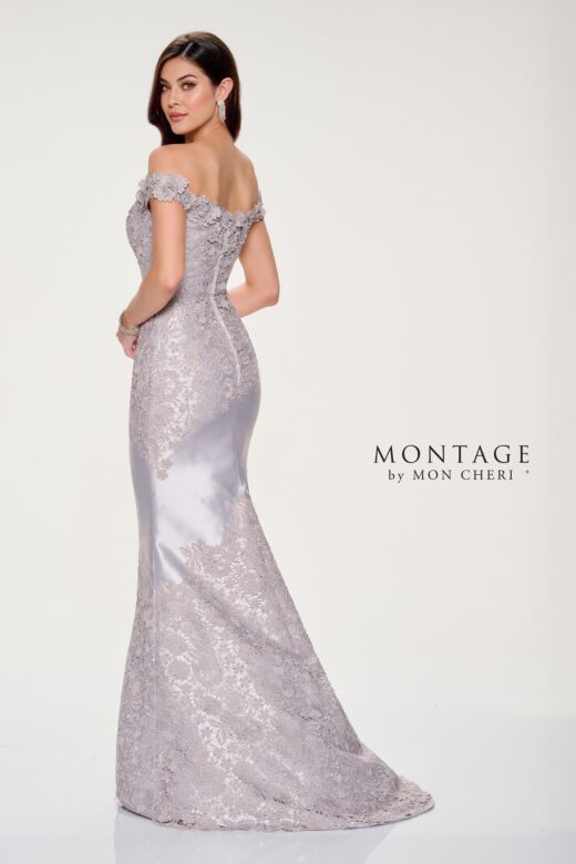 Montage by Mon Cheri M846 Off-The-Shoulder Lace Applique Dress