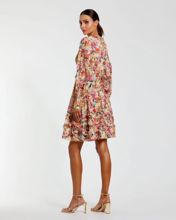 Mac Duggal 8261 Floral A-Line Bishop Sleeve V-Neck Homecoming Dress
